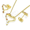 Oro Laminado Earring and Pendant Adult Set, Gold Filled Style Heart Design, with Garnet and White Cubic Zirconia, Polished, Golden Finish, 10.156.0331.1