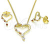 Oro Laminado Earring and Pendant Adult Set, Gold Filled Style Heart Design, with Garnet and White Cubic Zirconia, Polished, Golden Finish, 10.156.0331.1