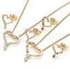 Oro Laminado Earring and Pendant Adult Set, Gold Filled Style Heart Design, with Garnet and White Cubic Zirconia, Polished, Golden Finish, 10.156.0331.1