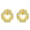Oro Laminado Stud Earring, Gold Filled Style Heart Design, with White Micro Pave, Polished, Golden Finish, 02.156.0527