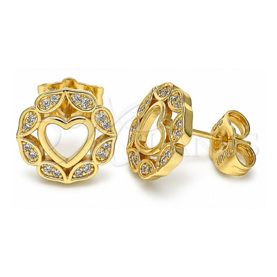 Oro Laminado Stud Earring, Gold Filled Style Heart Design, with White Micro Pave, Polished, Golden Finish, 02.156.0527
