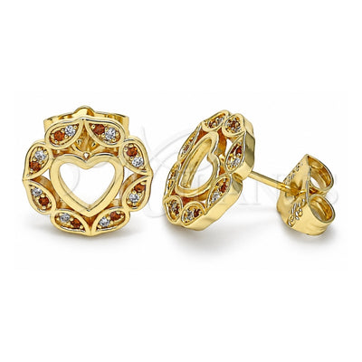 Oro Laminado Stud Earring, Gold Filled Style Heart Design, with Garnet and White Micro Pave, Polished, Golden Finish, 02.156.0527.1