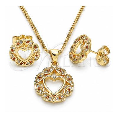 Oro Laminado Earring and Pendant Adult Set, Gold Filled Style Heart Design, with Garnet and White Micro Pave, Polished, Golden Finish, 10.156.0295.1