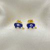 Oro Laminado Stud Earring, Gold Filled Style Evil Eye and Elephant Design, Blue Enamel Finish, Golden Finish, 02.381.0002