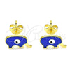 Oro Laminado Stud Earring, Gold Filled Style Evil Eye and Elephant Design, Blue Enamel Finish, Golden Finish, 02.381.0002