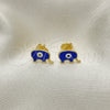 Oro Laminado Stud Earring, Gold Filled Style Evil Eye and Elephant Design, Blue Enamel Finish, Golden Finish, 02.381.0002