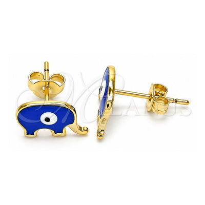 Oro Laminado Stud Earring, Gold Filled Style Evil Eye and Elephant Design, Blue Enamel Finish, Golden Finish, 02.381.0002