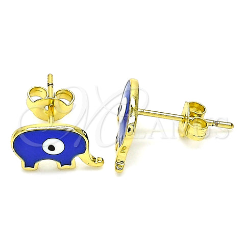 Oro Laminado Stud Earring, Gold Filled Style Evil Eye and Elephant Design, Blue Enamel Finish, Golden Finish, 02.381.0002