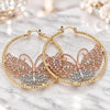 Oro Laminado Large Hoop, Gold Filled Style Butterfly Design, with White Crystal, Diamond Cutting Finish, Tricolor, 02.380.0043.50