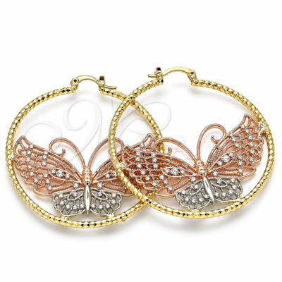 Oro Laminado Large Hoop, Gold Filled Style Butterfly Design, with White Crystal, Diamond Cutting Finish, Tricolor, 02.380.0043.50