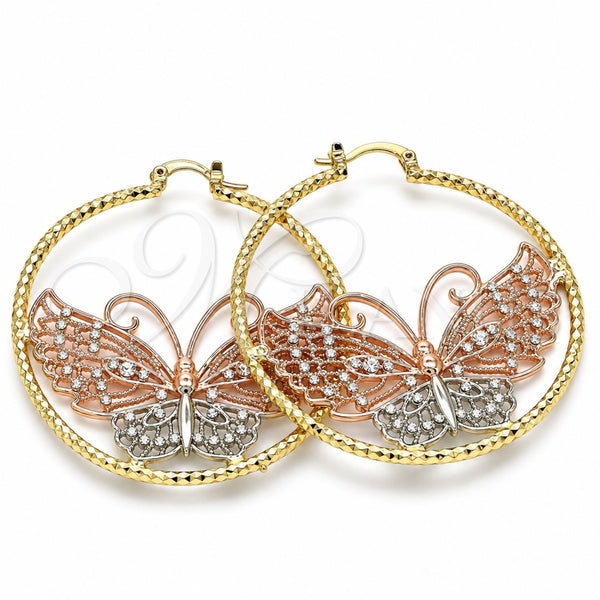 Oro Laminado Large Hoop, Gold Filled Style Butterfly Design, with White Crystal, Diamond Cutting Finish, Tricolor, 02.380.0043.50