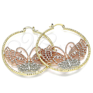 Gold Filled Hoop Earrings — Large Hoop Butterfly Design with White Crystal Diamond — main product view — SKU 140188 | Oro Laminado aretes de aro — Large Hoop Butterfly diseño with cristal blanco Diamond — SKU 140188