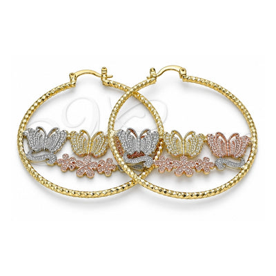 Oro Laminado Large Hoop, Gold Filled Style Butterfly and Flower Design, Diamond Cutting Finish, Tricolor, 02.380.0044.50