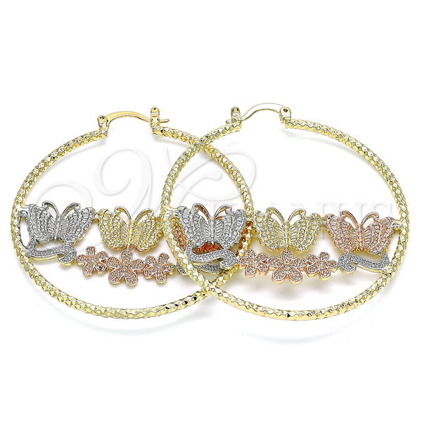 Gold Filled Hoop Earrings — Large Hoop Butterfly and Flower Design Diamond Cutting — main product view — SKU 140189 | Oro Laminado aretes de aro — Large Hoop Butterfly and flor diseño Diamond Cutting — SKU 140189