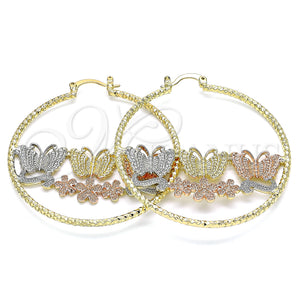 Gold Filled Hoop Earrings — Large Hoop Butterfly and Flower Design Diamond Cutting — main product view — SKU 140189 | Oro Laminado aretes de aro — Large Hoop Butterfly and flor diseño Diamond Cutting — SKU 140189