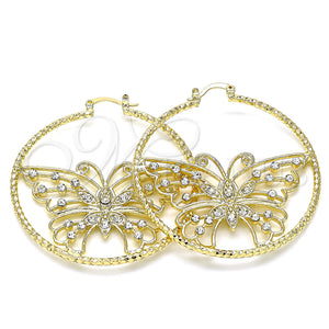 Gold Filled Hoop Earrings — Large Hoop Butterfly Design with White Crystal Diamond — main product view — SKU 140190 | Oro Laminado aretes de aro — Large Hoop Butterfly diseño with cristal blanco Diamond — SKU 140190