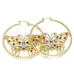 Gold Filled Hoop Earrings — Large Hoop Butterfly Design with Multicolor Crystal Diamond — main product view — SKU 140191 | Oro Laminado aretes de aro — Large Hoop Butterfly diseño with Multicolor cristal Diamond — SKU 140191