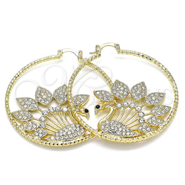 Gold Filled Hoop Earrings — Large Hoop Peacock Design with White and Black — main product view — SKU 140194 | Oro Laminado aretes de aro — Large Hoop Peacock diseño with blanco and negro — SKU 140194