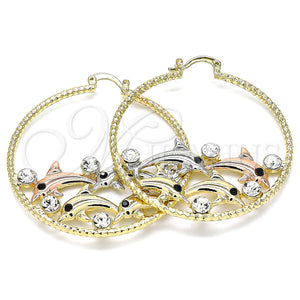 Gold Filled Hoop Earrings — Large Hoop Dolphin Design with White Crystal Diamond — main product view — SKU 140195 | Oro Laminado aretes de aro — Large Hoop Dolphin diseño with cristal blanco Diamond — SKU 140195