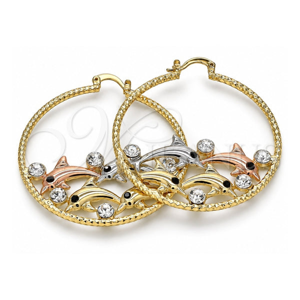 Oro Laminado Large Hoop, Gold Filled Style Dolphin Design, with White Crystal, Diamond Cutting Finish, Tricolor, 02.380.0047.50