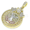 Oro Laminado Religious Pendant, Gold Filled Style Centenario Coin and Angel Design, with White and Black Crystal, Polished, Tricolor, 05.380.0017