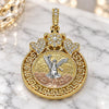 Oro Laminado Religious Pendant, Gold Filled Style Centenario Coin and Angel Design, with White and Black Crystal, Polished, Tricolor, 05.380.0017