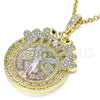 Oro Laminado Religious Pendant, Gold Filled Style Centenario Coin and Angel Design, with White and Black Crystal, Polished, Tricolor, 05.380.0018