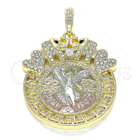 Oro Laminado Religious Pendant, Gold Filled Style Centenario Coin and Angel Design, with White and Black Crystal, Polished, Tricolor, 05.380.0018