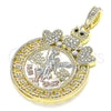 Oro Laminado Religious Pendant, Gold Filled Style Centenario Coin and Angel Design, with White and Black Crystal, Polished, Tricolor, 05.380.0019