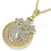 Oro Laminado Religious Pendant, Gold Filled Style Centenario Coin and Angel Design, with White and Black Crystal, Polished, Tricolor, 05.380.0019