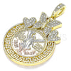 Oro Laminado Religious Pendant, Gold Filled Style Centenario Coin and Angel Design, with White Crystal, Polished, Tricolor, 05.380.0020
