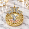Oro Laminado Religious Pendant, Gold Filled Style Centenario Coin and Angel Design, with White Crystal, Polished, Tricolor, 05.380.0020