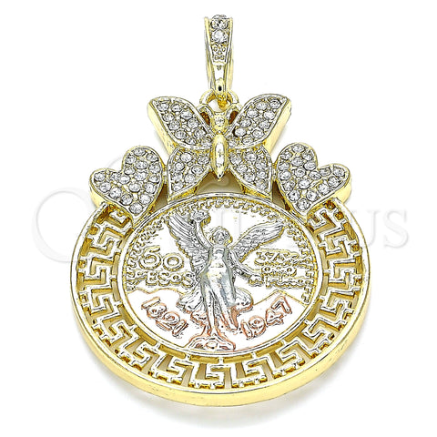 Oro Laminado Religious Pendant, Gold Filled Style Centenario Coin and Angel Design, with White Crystal, Polished, Tricolor, 05.380.0020