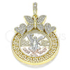 Oro Laminado Religious Pendant, Gold Filled Style Centenario Coin and Angel Design, with White Crystal, Polished, Tricolor, 05.380.0020