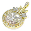 Oro Laminado Religious Pendant, Gold Filled Style Centenario Coin and Angel Design, with White Crystal, Polished, Tricolor, 05.380.0021