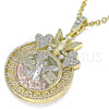 Oro Laminado Religious Pendant, Gold Filled Style Centenario Coin and Angel Design, with White Crystal, Polished, Tricolor, 05.380.0021