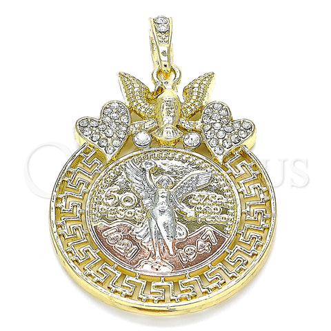 Oro Laminado Religious Pendant, Gold Filled Style Centenario Coin and Angel Design, with White Crystal, Polished, Tricolor, 05.380.0021