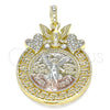 Oro Laminado Religious Pendant, Gold Filled Style Centenario Coin and Angel Design, with White Crystal, Polished, Tricolor, 05.380.0021