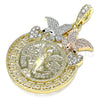 Oro Laminado Religious Pendant, Gold Filled Style Centenario Coin and Angel Design, with White and Black Crystal, Polished, Tricolor, 05.380.0022