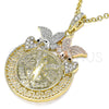 Oro Laminado Religious Pendant, Gold Filled Style Centenario Coin and Angel Design, with White and Black Crystal, Polished, Tricolor, 05.380.0022