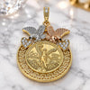 Oro Laminado Religious Pendant, Gold Filled Style Centenario Coin and Angel Design, with White and Black Crystal, Polished, Tricolor, 05.380.0022