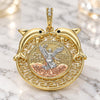 Oro Laminado Religious Pendant, Gold Filled Style Centenario Coin and Angel Design, with Black Crystal, Polished, Tricolor, 05.380.0023