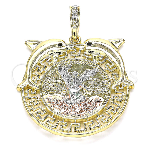 Oro Laminado Religious Pendant, Gold Filled Style Centenario Coin and Angel Design, with Black Crystal, Polished, Tricolor, 05.380.0023