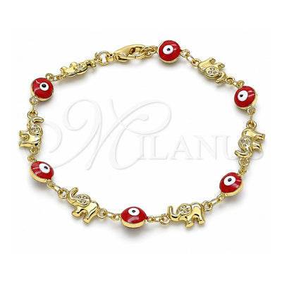 Oro Laminado Fancy Bracelet, Gold Filled Style Evil Eye and Elephant Design, Red Enamel Finish, Golden Finish, 03.351.0107.07 (06 MM Thickness, 7 Inches Length)