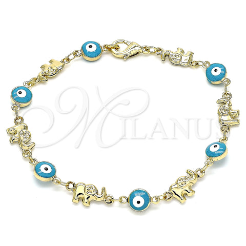 Oro Laminado Fancy Bracelet, Gold Filled Style Evil Eye and Elephant Design, Turquoise Enamel Finish, Golden Finish, 03.351.0107.1.07 (06 MM Thickness, 7 Inches Length)