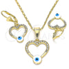 Oro Laminado Earring and Pendant Adult Set, Gold Filled Style Heart and Evil Eye Design, with White Crystal, White Enamel Finish, Golden Finish, 10.351.0015.1