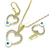 Oro Laminado Earring and Pendant Adult Set, Gold Filled Style Heart and Evil Eye Design, with White Crystal, White Enamel Finish, Golden Finish, 10.351.0015.1