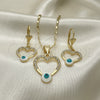 Oro Laminado Earring and Pendant Adult Set, Gold Filled Style Heart and Evil Eye Design, with White Crystal, White Enamel Finish, Golden Finish, 10.351.0015.1
