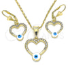 Oro Laminado Earring and Pendant Adult Set, Gold Filled Style Heart and Evil Eye Design, with White Crystal, White Enamel Finish, Golden Finish, 10.351.0015.1