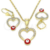Oro Laminado Earring and Pendant Adult Set, Gold Filled Style Heart and Evil Eye Design, with White Crystal, Red Enamel Finish, Golden Finish, 10.351.0015.2